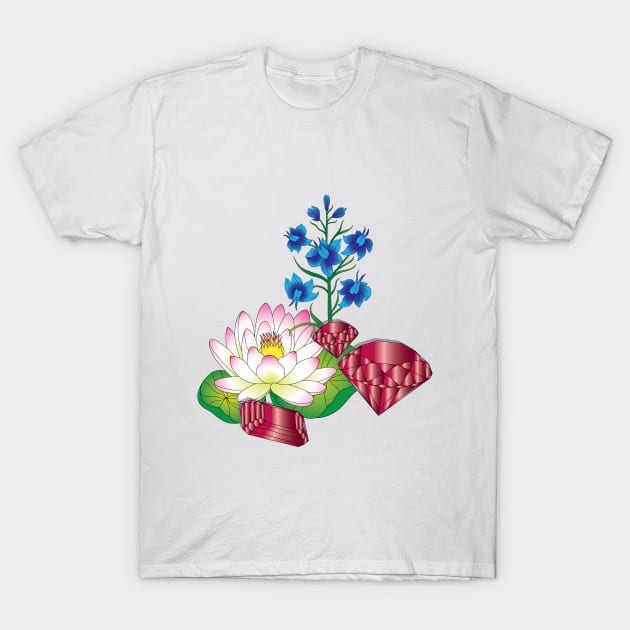 Water Lily and Larkspur T-Shirt by OrangeEdenDesigns